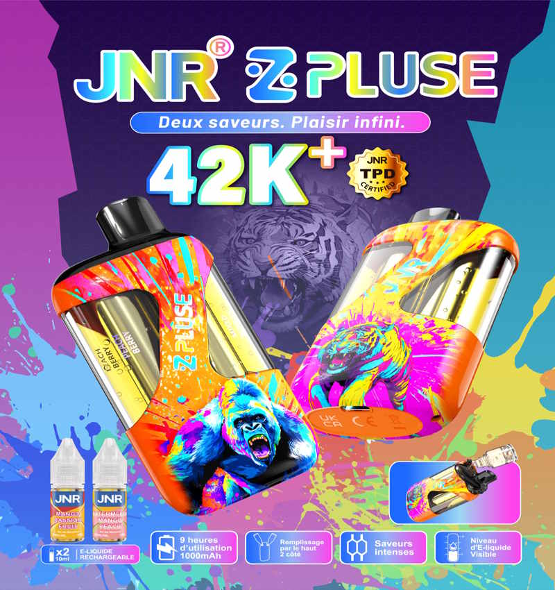La Puff JNR Z Pluse 42K offre 42000 bouffées. Saveur Fraise Pastèque Givrée, 20mg, batterie 1000mAh et embout rotatif. Puissance Dual Mesh !