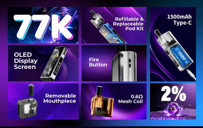La puff dispose d’une cartouche remplaçable de 5 ml avec résistance 0.6 ohm et airflow réglable, permettant d’adapter le tirage entre une vape plus serrée ou plus aérienne selon vos préférences.