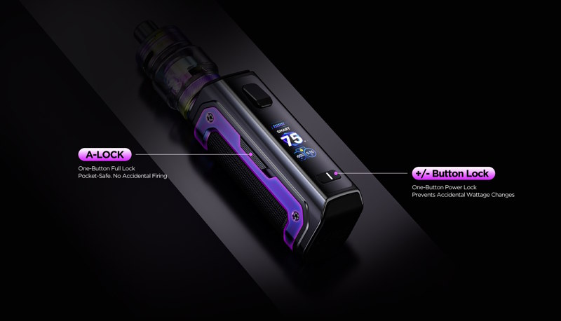 e la puissance, mais également l'étanchéité "tri-proof" des mods Aegis. Étanche aux projections de liquide, à la poussière et résistante aux chocs. La box est certifiée IP-67. Et, comme de nombreuses boxs Aegis, elle possède son interrupteur A-Lock pour verrouiller la box.