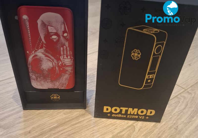 Découvrez la box dotBox 220 V2 Dotmod gravée Deadpool Red. Double accu 18650, puissance 220W et aluminium anodisé. Édition collector pour vapoteurs.