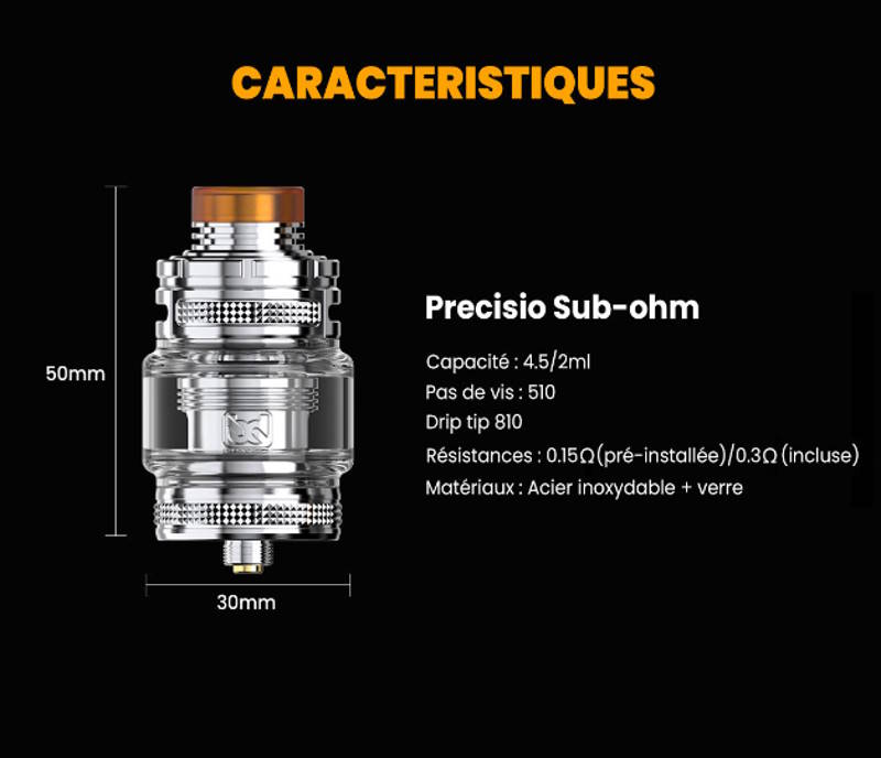 Caractéristique du tank precisio sub ohm de la marque bd vape 4.5ml de contenance air flow réglable