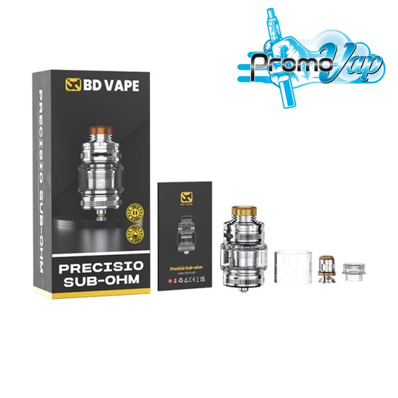 Description de la boite du clearomiseur precision sub ohm de la marque bd vape disponible chez promovap