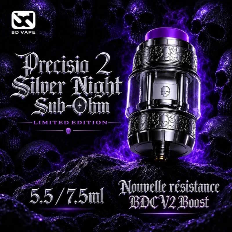 Clearomiseur Precisio 2 Sub-Ohm Édition Limitée Silver Night par BD Vape. Contenance 7,5ml, top-airflow anti-fuite et tirage DL ultra-savoureux