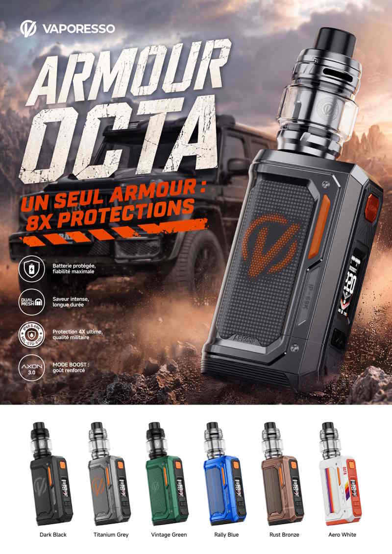Achetez le kit Armour Octa Vaporesso : double accu 18650, puissance de 220W, réservoir 6ml iTank T, norme IP69K et chipset AXON 3.0. Vape DL ultra-puissante.
