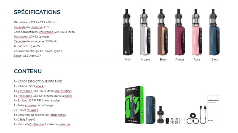 Résumé en photo du kit gtx one pro Vaporesso 3000mah nouveau chipset