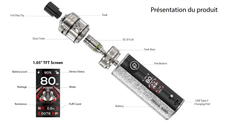 Kit x80 eleaf détaillé sur le poids la taille et bouton du nouveau kit eleaf qui remplace la t80 et t40