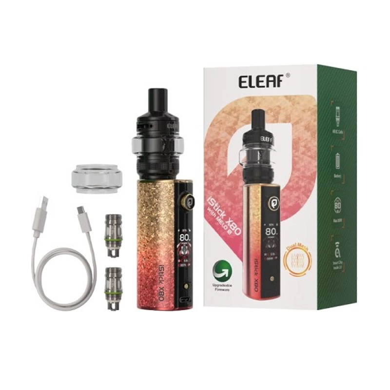 Image descriptif du kit x80 Eleaf 5ml de contenance bouton rotatif et description du contenue de la boite