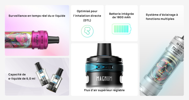 Descriptif de la e-chicha magnum nano de la marque Aspire 1800mah 6ml de contenance air flow