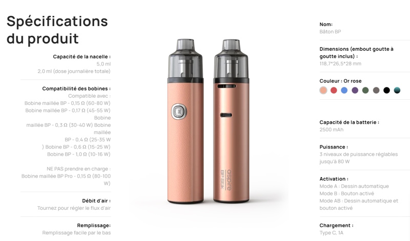 Descriptif détaillé du pod aspire Bp stick un modèle performant et pocket