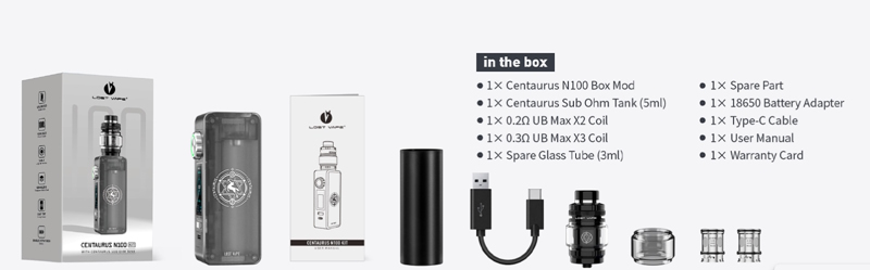 Résumé du contenue de la boite du kit n100 centaurus lost vape