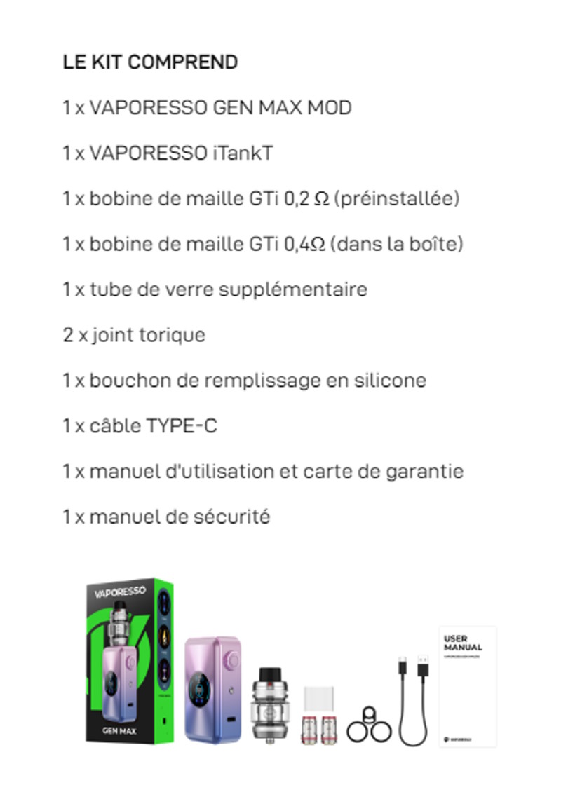 Description et détail du kit gen max 220watts Vaporesso nouveauté promovap