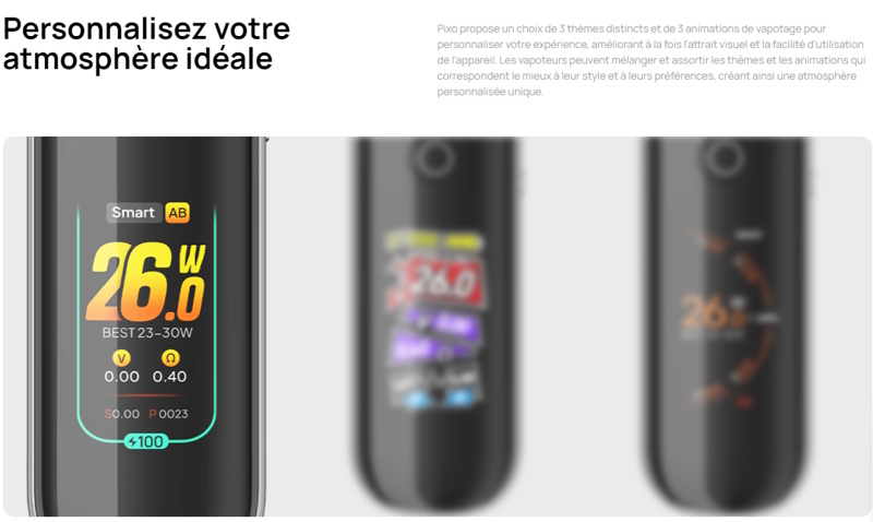 Ecran du pod pixo de la marque Aspire différentes fonctionnalités promovap site internet de vape