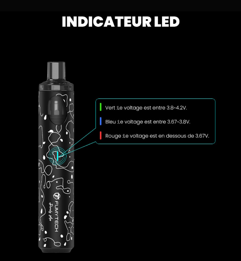 Voyant led des différente puissance d'autonomie du pod purely aio FUMYTECH