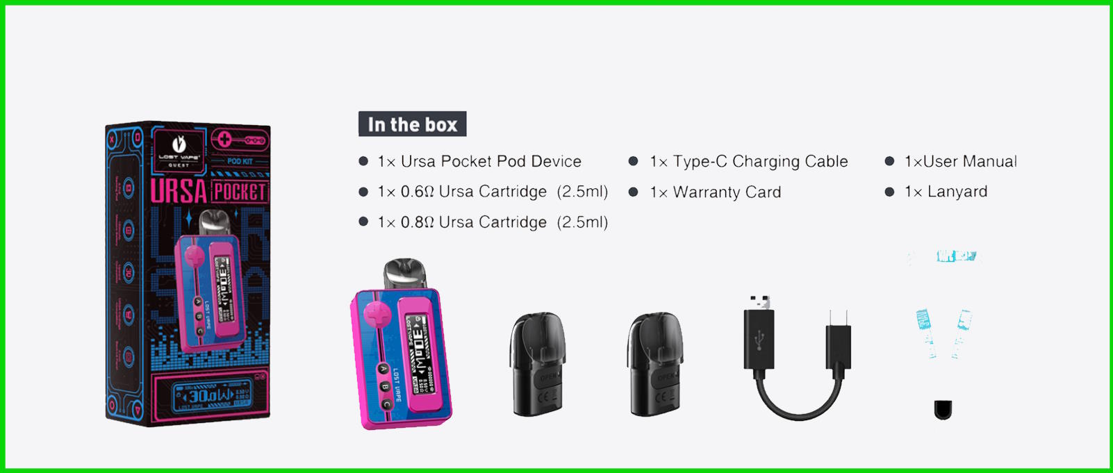 détail du contenu de la boite pod ursa pocket retro gaming vape pod discount promovap