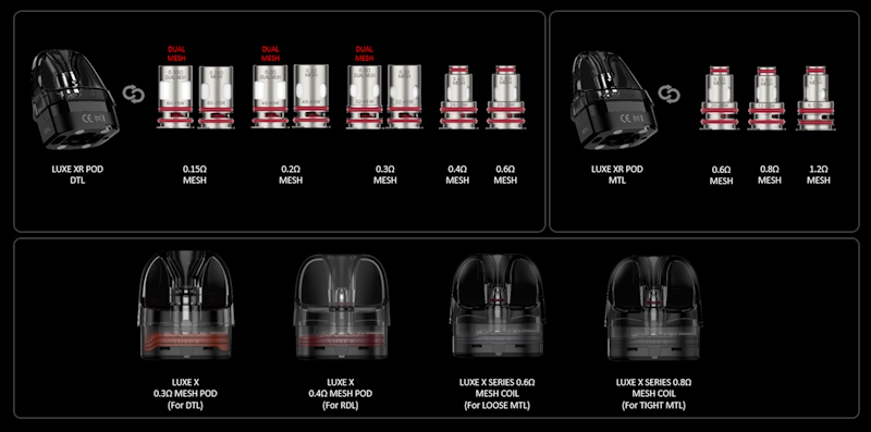 pod luxe xr max 2 compatible avec les résistances gtx et gtx dual mesh pour un maximum de saveurs et de vapeur